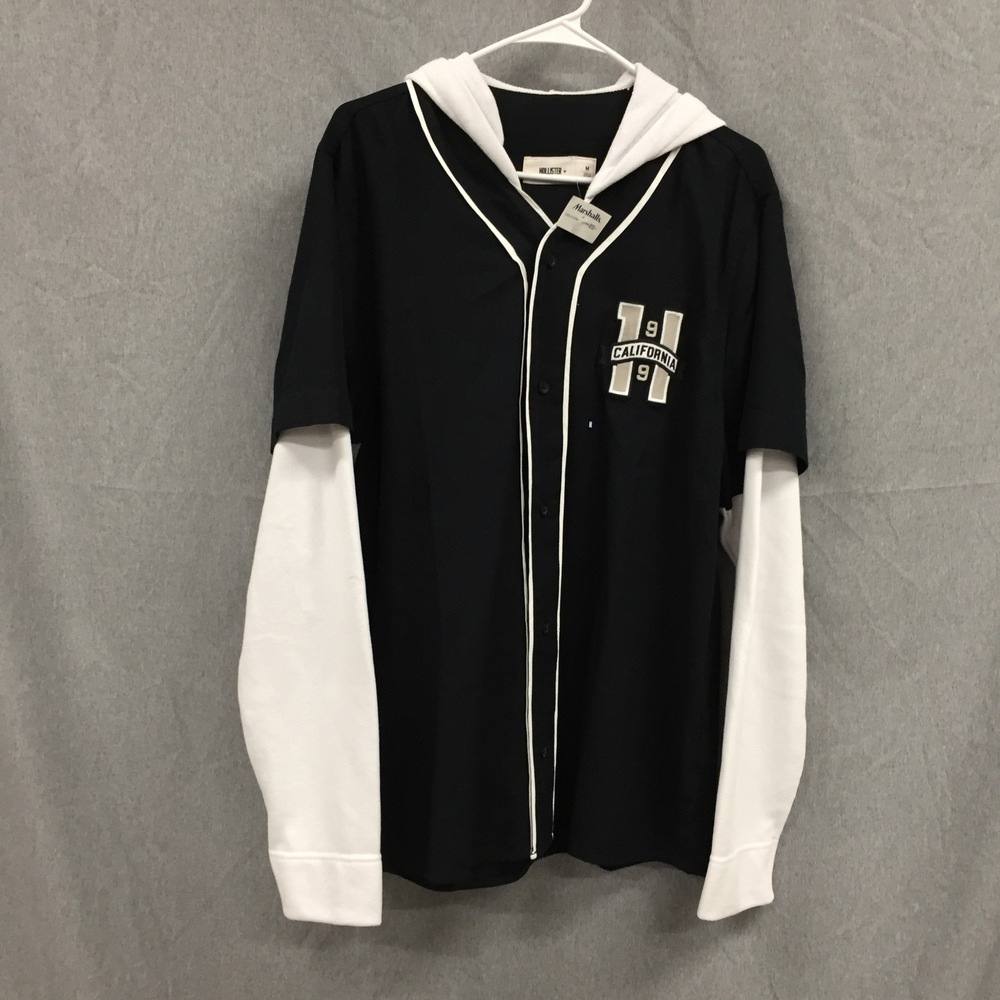 Hollister Mens Hooded Baseball Jersey Shirt Black White Layered California M